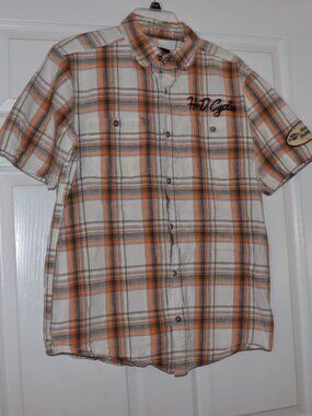 Harley-Davidson Shirt Mens Medium Plaid Linen Patch H-D Cycles Biker Motorcycle